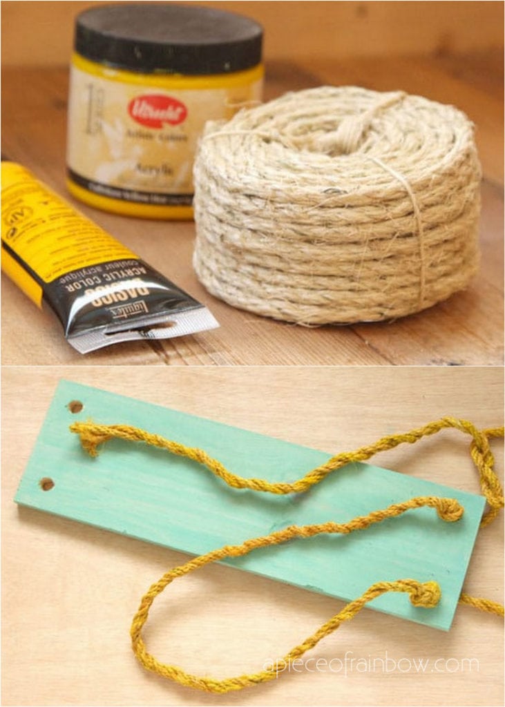Materials and tools to make DIY hanging rope shelf