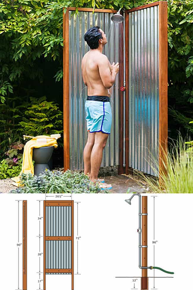 Corrugated galvanized metal DIY outdoor shower plans