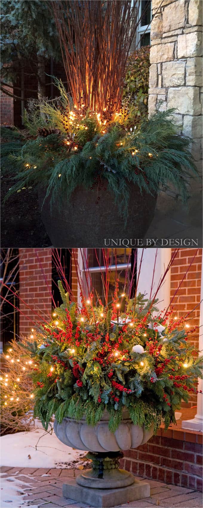 24 Stunning Christmas pots and planters to DIY for almost free! How to create colorful winter planters as beautiful Christmas outdoor decorations, with evergreens, berries, pinecones, branches, & creative elements! - A Piece of Rainbow #containergardening #planters #pots #plants #christmas #christmasdecorations #christmasideas #thanksgiving #holiday #gardens #patio #patiodesign #backyard #curbappeal #diy #gardening #gardeningtips #gardendesign #gardenideas #homedecor #homedecorideas