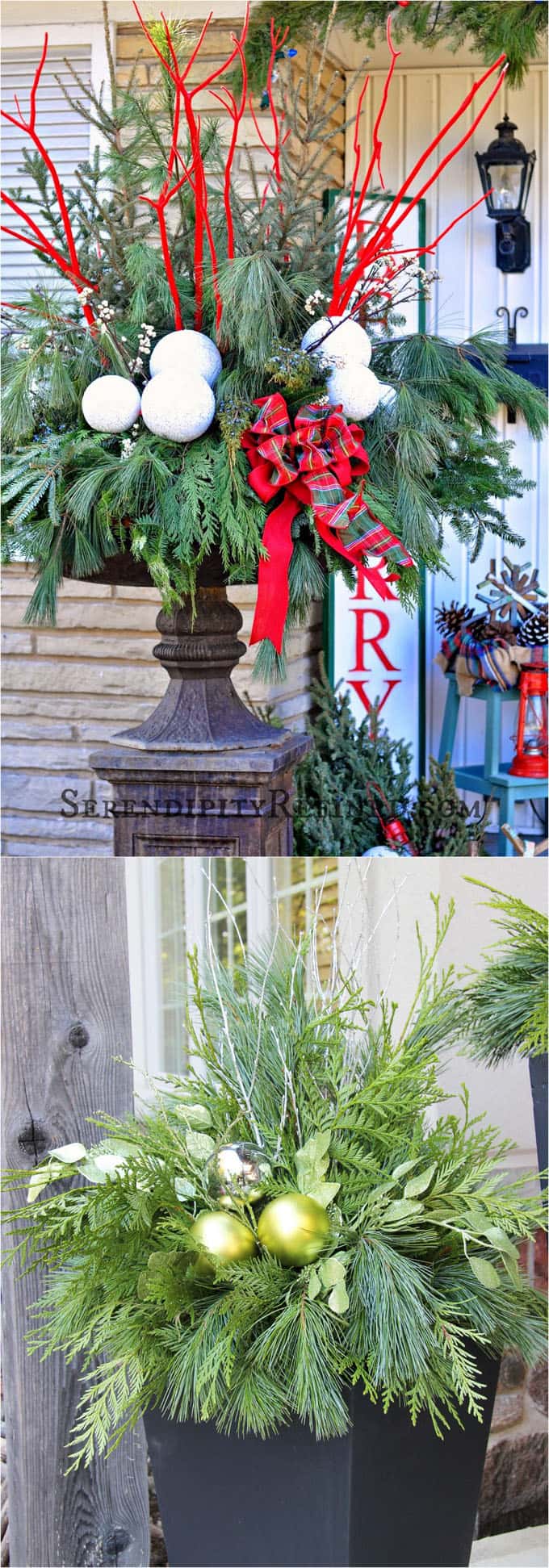 24 Stunning Christmas pots and planters to DIY for almost free! How to create colorful winter planters as beautiful Christmas outdoor decorations, with evergreens, berries, pinecones, branches, & creative elements! - A Piece of Rainbow #containergardening #planters #pots #plants #christmas #christmasdecorations #christmasideas #thanksgiving #holiday #gardens #patio #patiodesign #backyard #curbappeal #diy #gardening #gardeningtips #gardendesign #gardenideas #homedecor #homedecorideas