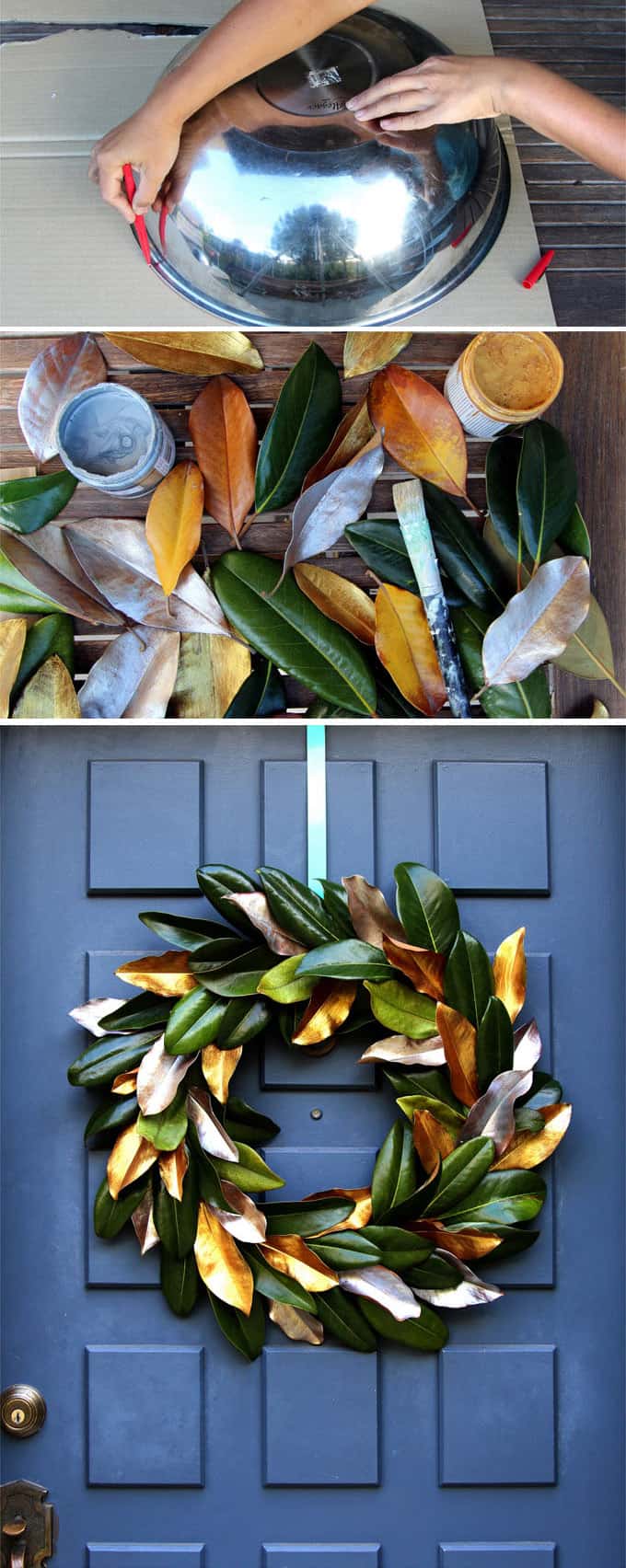 Easy tutorial & video on how to make a beautiful magnolia wreath for free! It is long-lasting & looks amazing for Thanksgiving, Christmas, or year round! A Piece of Rainbow