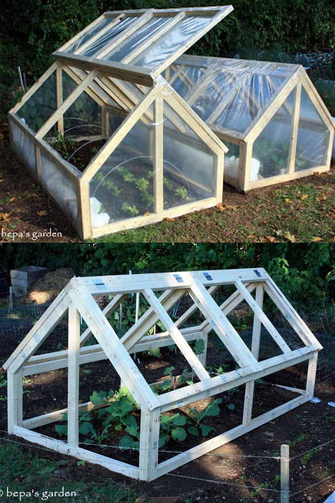 Small easy DIY greenhouses using wood frame and plastic cover