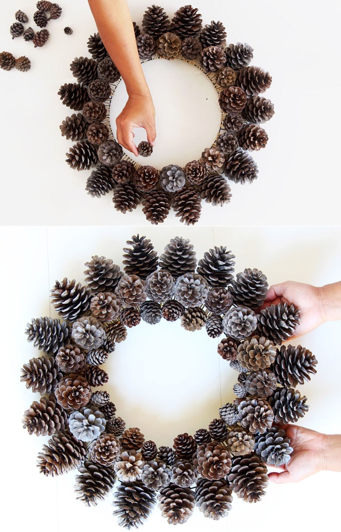 Wiring pine cones to make Christmas decorations