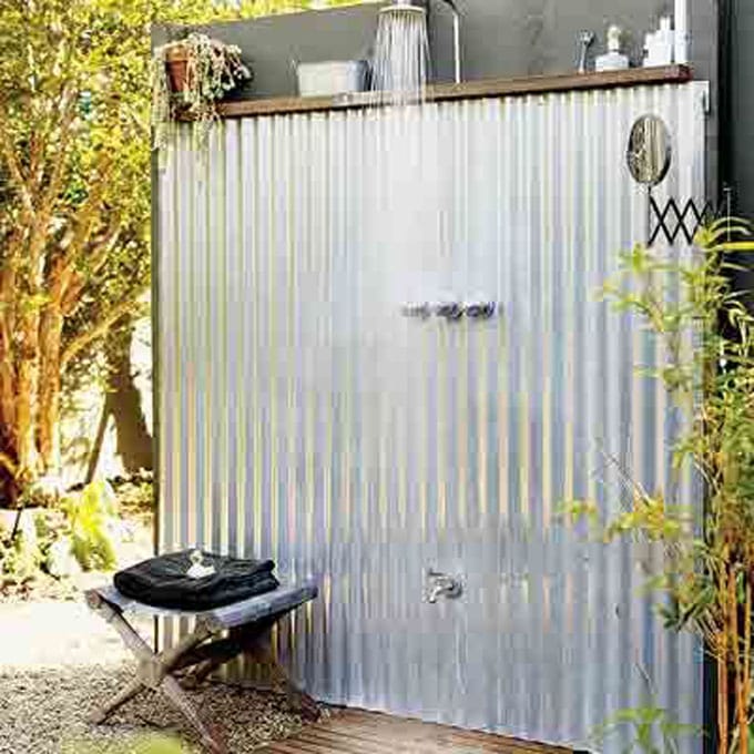 corrugate galvanized metal and wood garden shower
