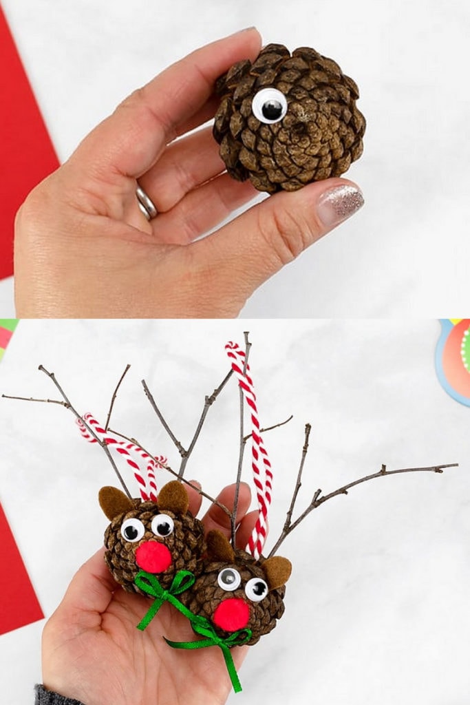 DIY pine cone reindeer Christmas crafts for kids