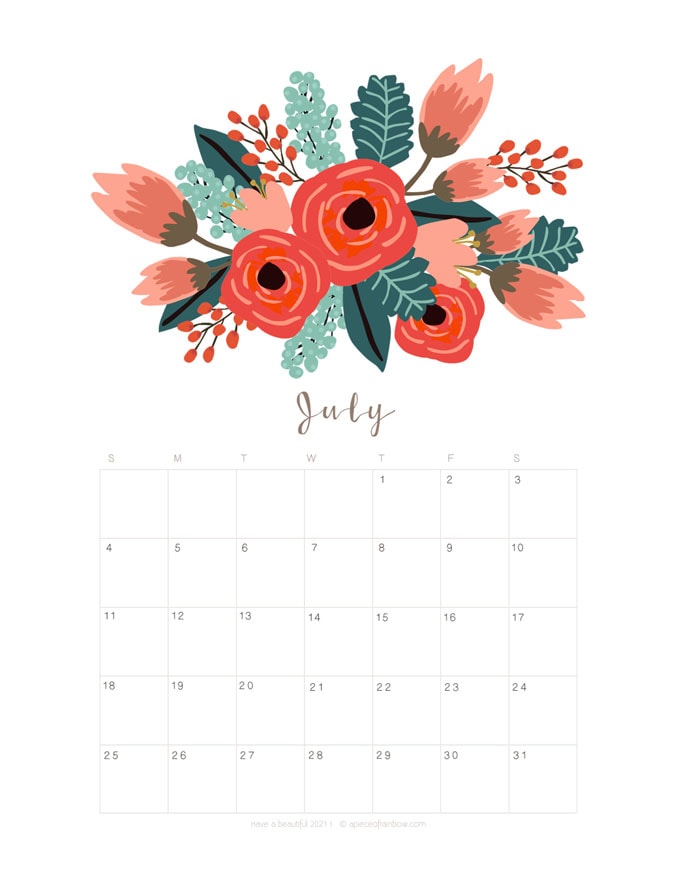 printable july 2021 calendar monthly planner 2 designs flowers modern a piece of rainbow