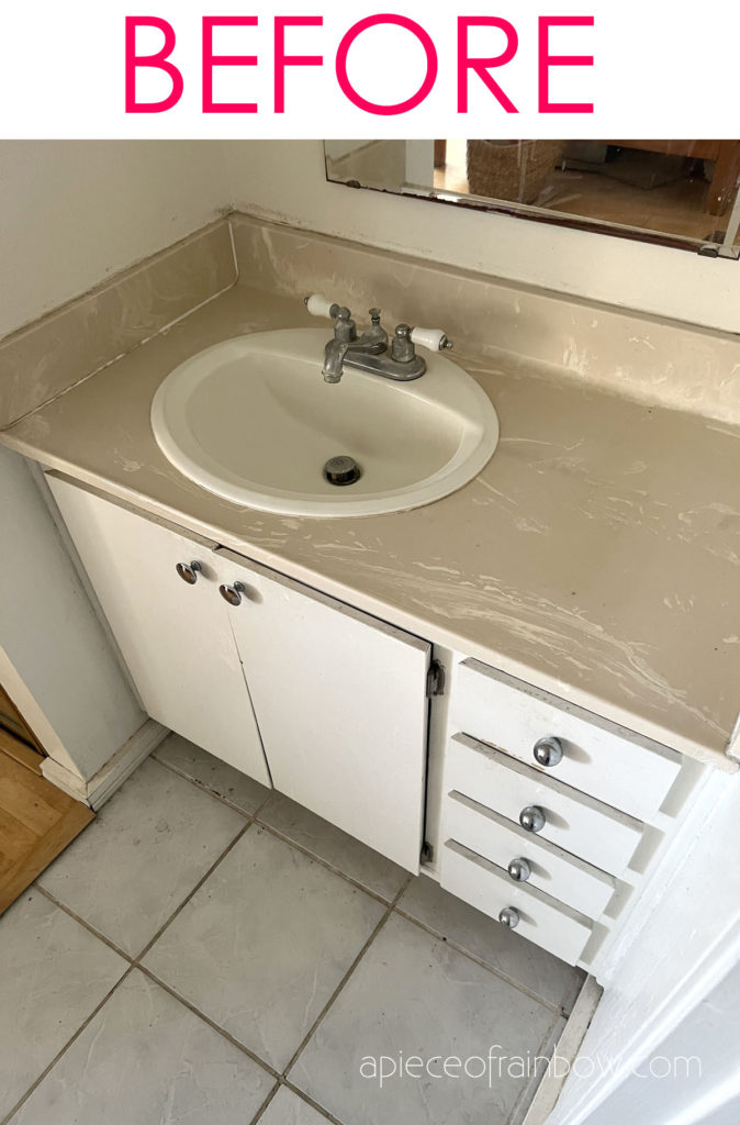 How To Paint Bathroom Countertop Sink Vanity Top White Marble Painting Formica Laminate Counter Epoxy Remodel Makeover Home DIY Ideas Apieceofrainbow 674x1024 