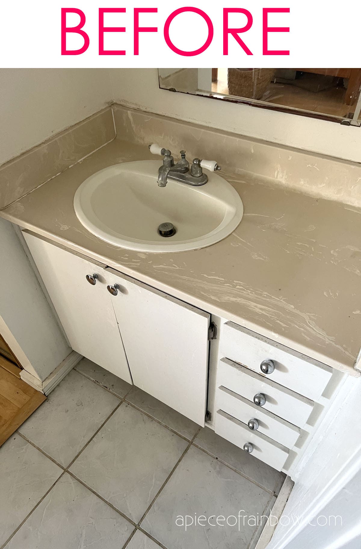 How To Paint Bathroom Countertop Sink Vanity Top White Marble Painting Formica Laminate Counter Epoxy Remodel Makeover Home DIY Ideas Apieceofrainbow 